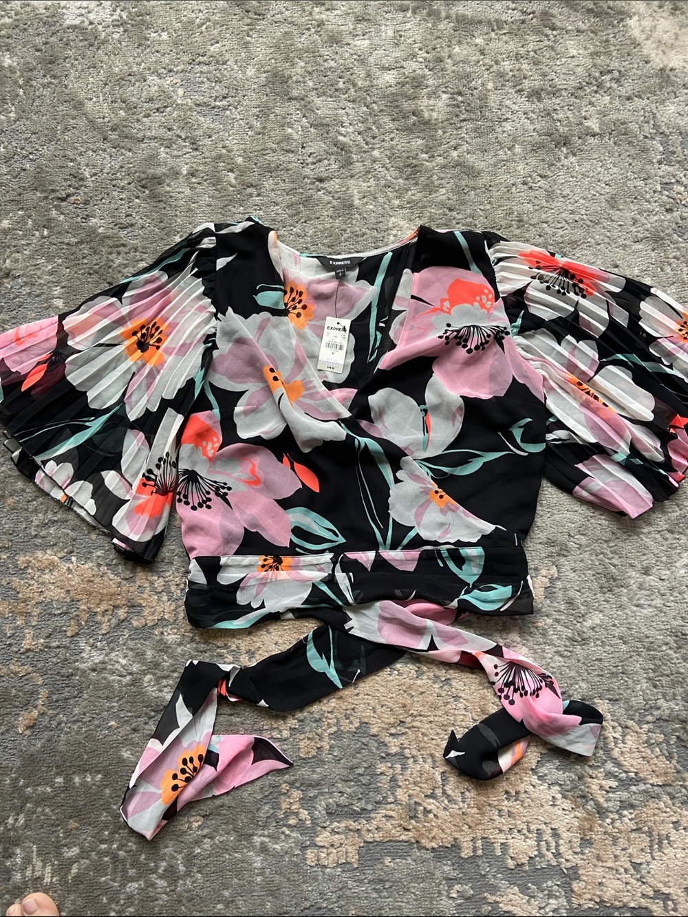 Express Black Floral Wrap Crop Top with Pink & Coral Blooms